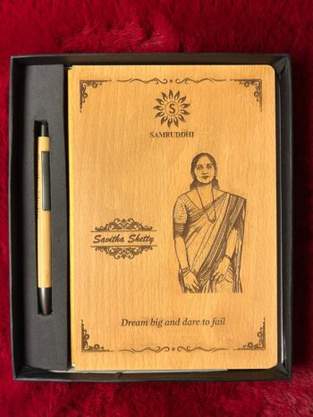 Personalized wooden engraved diary and pen gift set with custom photo and name – premium bamboo diary gift India