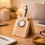 Customized Wooden Pen Holder with Clock and Bamboo Pen- Modakseja