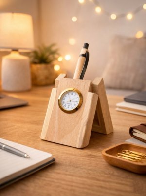 Customized Wooden Pen Holder with Clock and Bamboo Pen- Modakseja