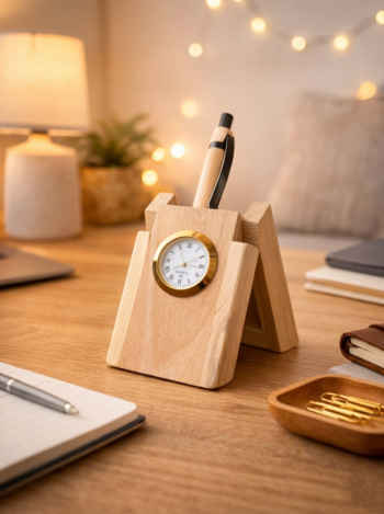 Customized Wooden Pen Holder with Clock and Bamboo Pen- Modakseja