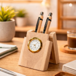 Customized Wooden Pen Holder with Clock and 2 Bamboo Pens- Modakseja