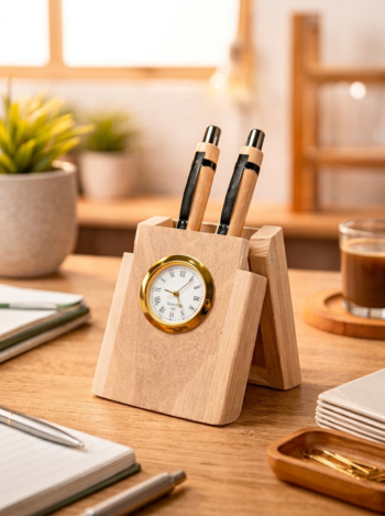 Customized Wooden Pen Holder with Clock and 2 Bamboo Pens- Modakseja