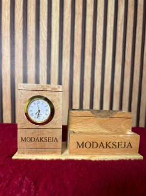 Customized Wooden Pen Stand with Clock and Logo Engraving - Modakseja
